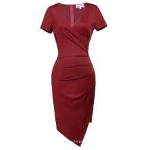 Belle Poque Mulheres Short Sleeve V-Neck Asymmetrical Hips-Wrapped Wine Bodycon Pencil Dress BP000363-2